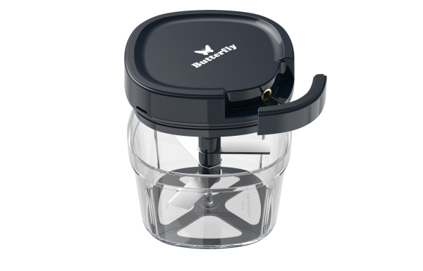 Butterfly Mini Chopper 600ml in blue color, showing the 3 stainless steel blades and manual string-pull handle