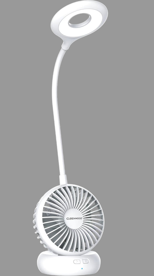 CLEENWOOD CW-192 White Rechargeable Desk Lamp with Fan, USB powered, 3 fan speeds