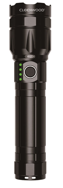 CLEENWOOD CW-230 Rechargeable Zoom Flashlight, 1000 Lumens, Black, showing Type-C port