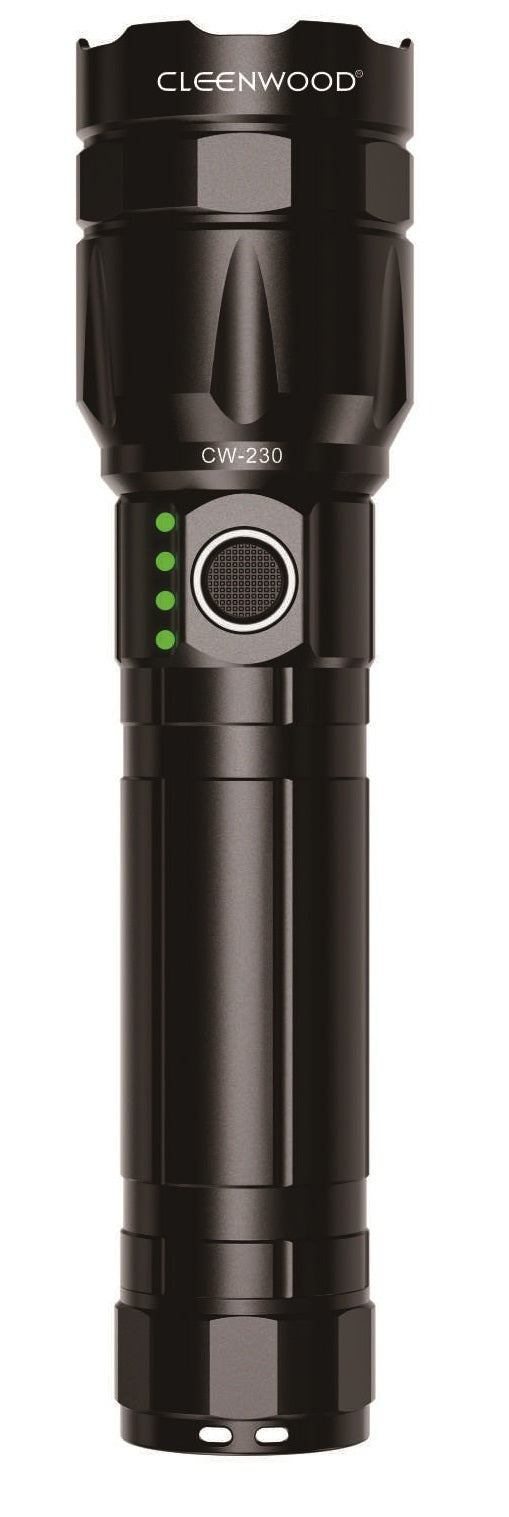 CLEENWOOD CW-230 Rechargeable Zoom Flashlight, 1000 Lumens, Black, showing Type-C port