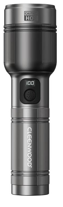CLEENWOOD CW-233B Digital Zoomable LED Flash Light, 3500 Lumens, showing 12000mAh battery capacity