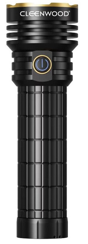 CLEENWOOD CW-234 Digital Zoomable LED Flash Light, 4000 Lumens, showing 12000mAh battery capacity and digital display