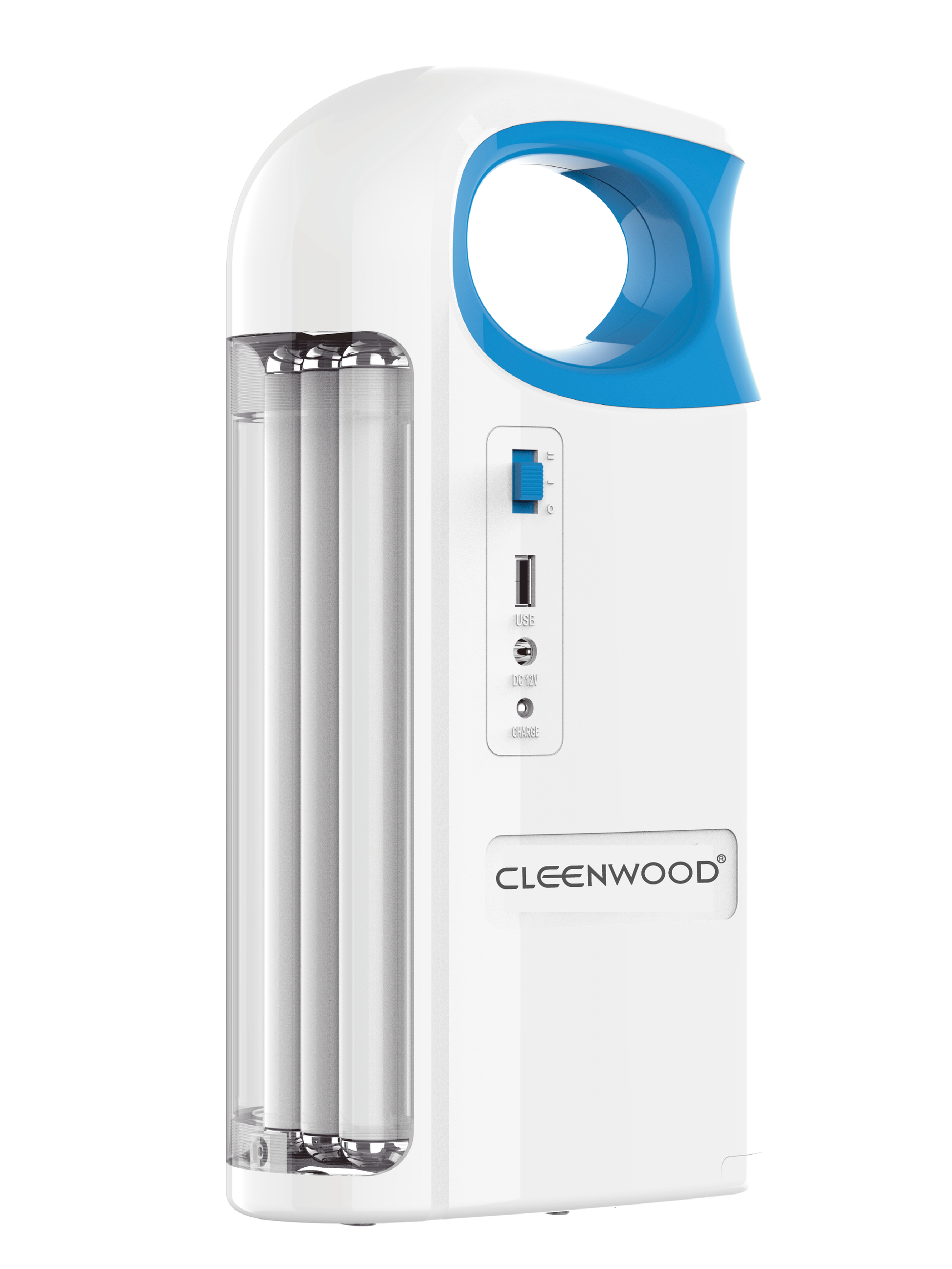 CLEENWOOD CW-316 Rechargeable LED Lantern in black with a carrying handle, illuminated on a campsite