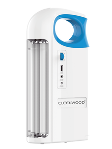 CLEENWOOD CW-316 Rechargeable LED Lantern in black with a carrying handle, illuminated on a campsite