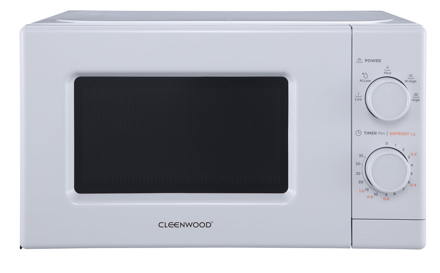 CLEENWOOD CW-350 Manual Microwave Oven 20L, White/Black, showing the two rotary control knobs