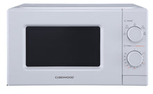 CLEENWOOD CW-350 Manual Microwave Oven 20L, White/Black, showing the two rotary control knobs
