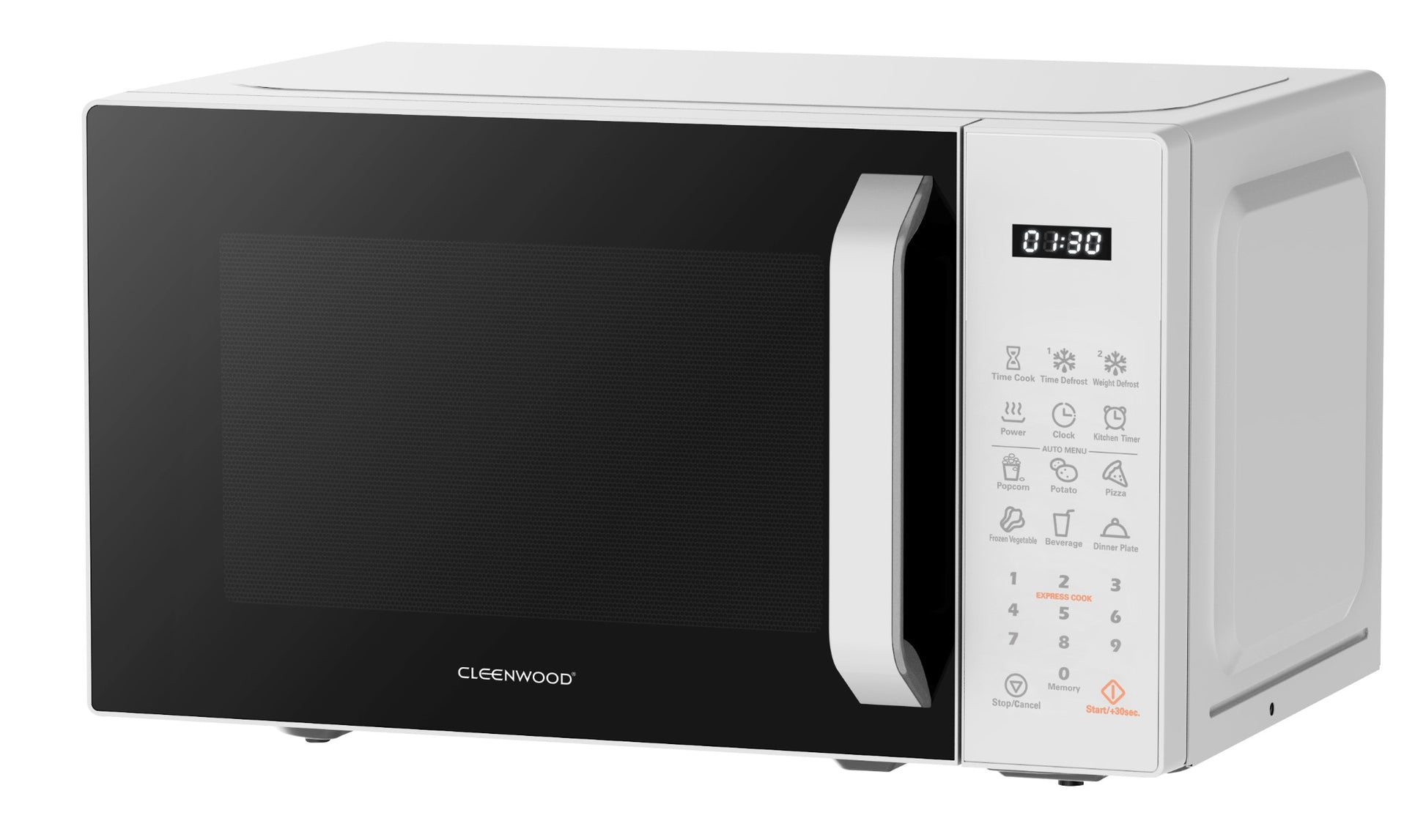 CLEENWOOD CW-355 Digital Microwave Oven 20L, Black/Silver, showing the touchpad control panel and LED display