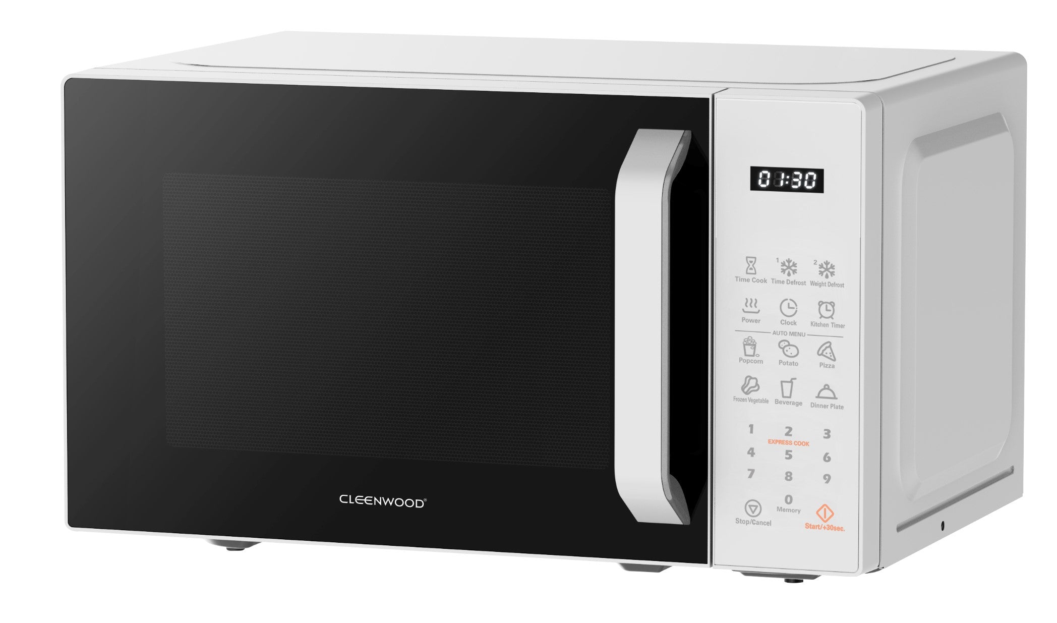 CLEENWOOD CW-355 Digital Microwave Oven 20L, Black/Silver, showing the touchpad control panel and LED display