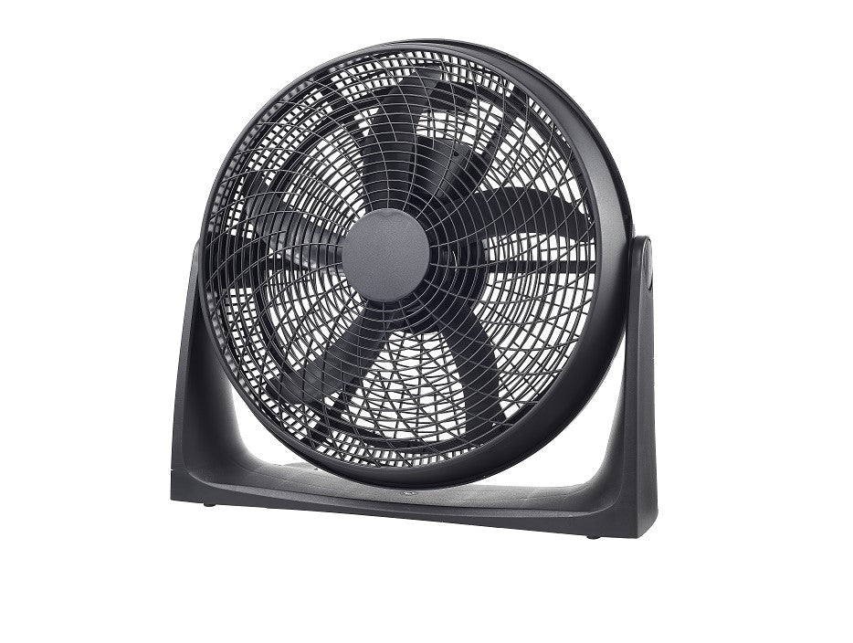 CLEENWOOD CW-384 20 Inch Box Fan, black square design, showing the mesh front and control knob