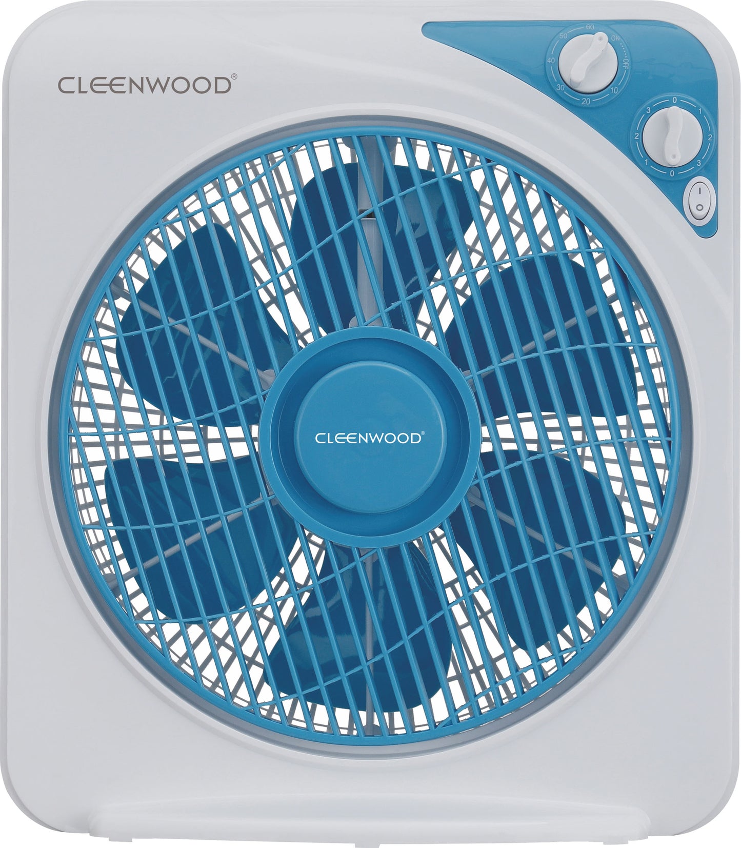 CLEENWOOD CW-390 12 Inch Box Fan, compact black square design, shown on a desktop next to a computer.