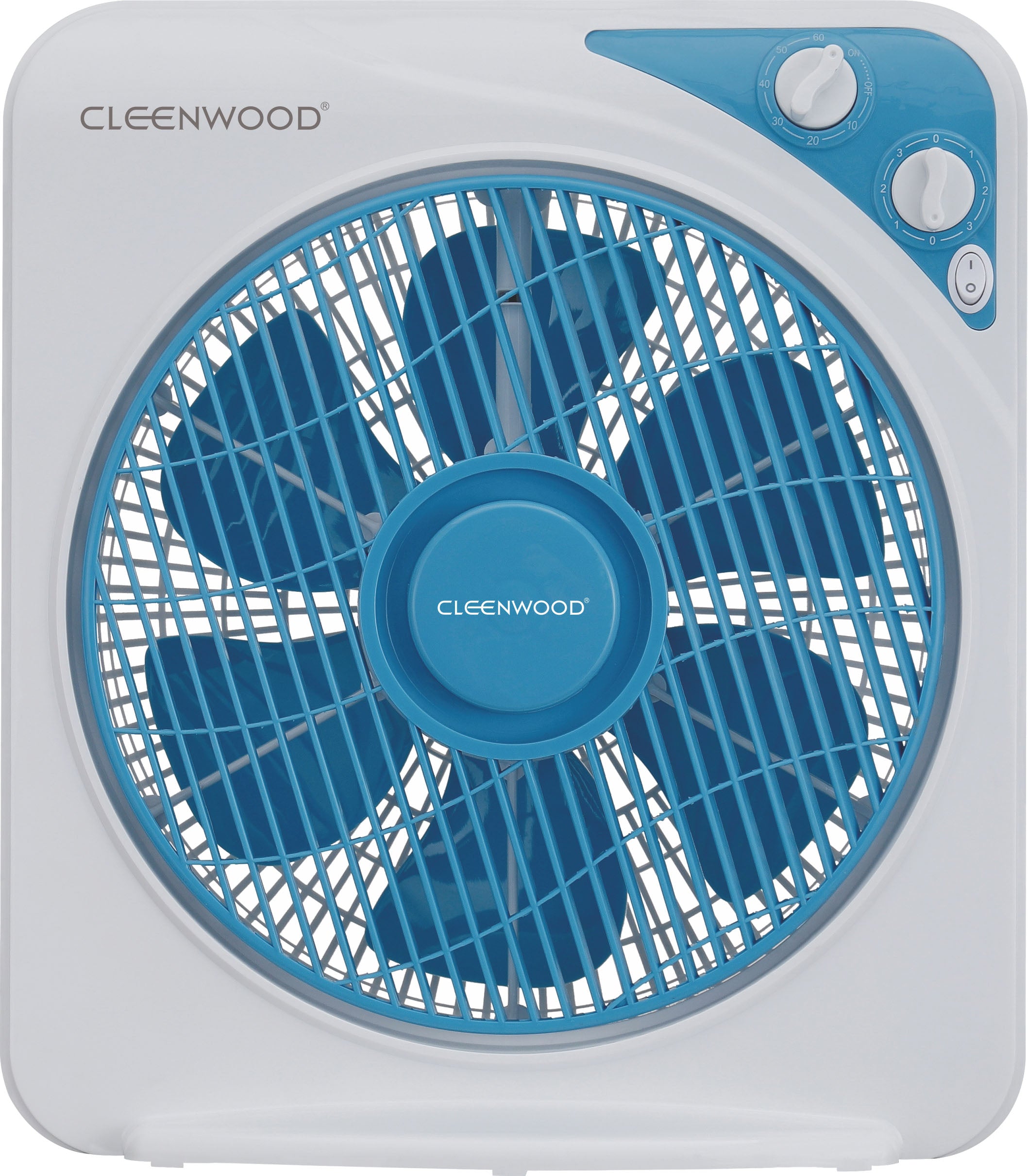 CLEENWOOD CW-390 12 Inch Box Fan, compact black square design, shown on a desktop next to a computer.