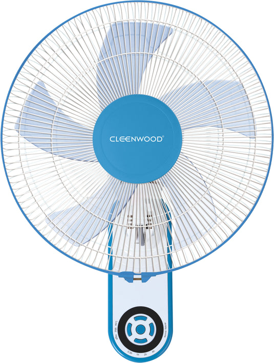 CLEENWOOD CW-392 16 Inch Wall Fan mounted on a white wall, showing the protective grill, pull cord controls, and the oscillation mechanism.
