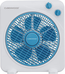 CLEENWOOD CW-393 10 Inch Box Fan, ultra-compact black square design, shown placed on a small office desk for personal cooling