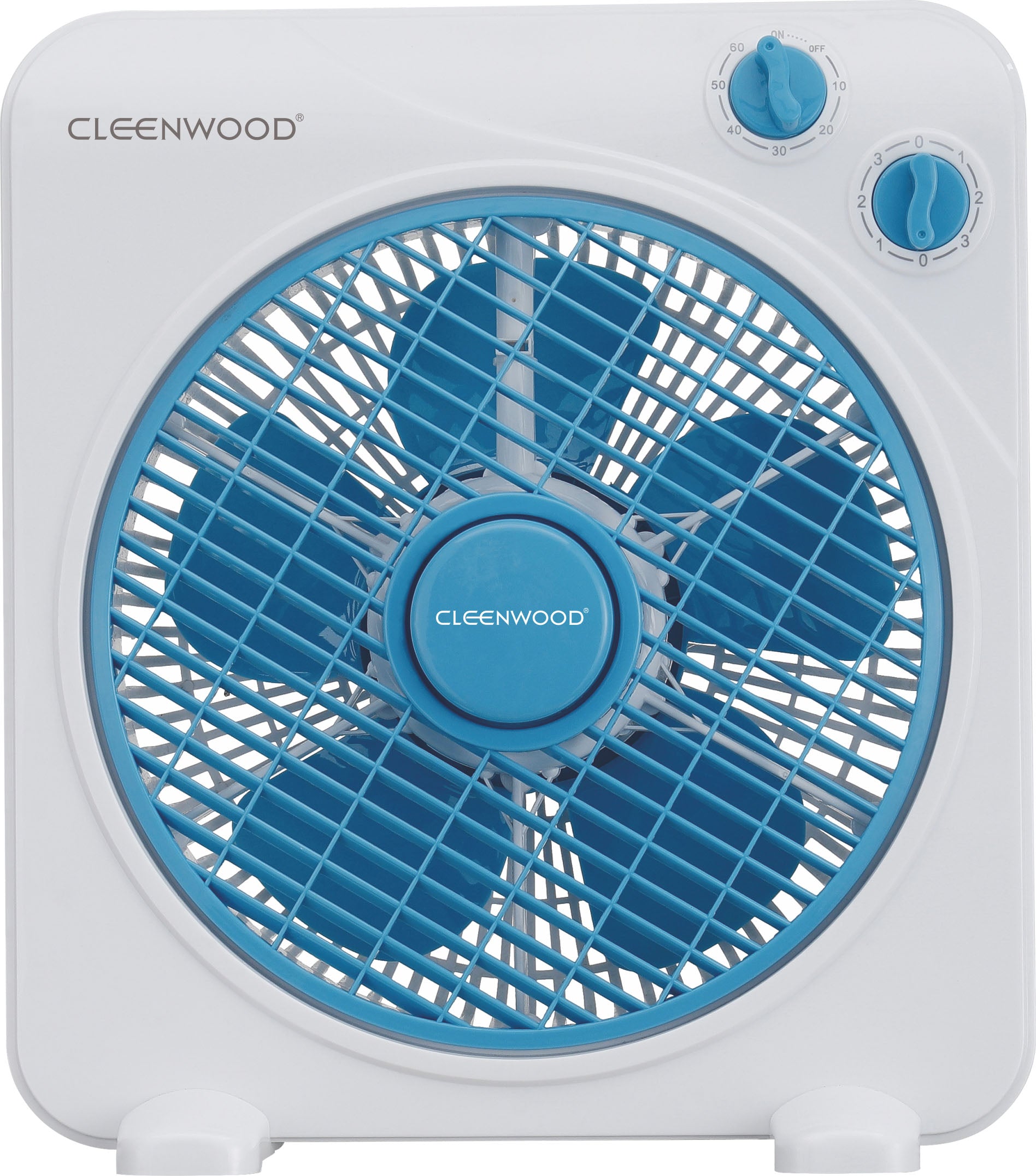 CLEENWOOD CW-393 10 Inch Box Fan, ultra-compact black square design, shown placed on a small office desk for personal cooling