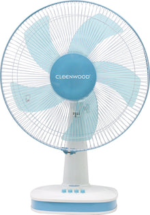 CLEENWOOD CW-395 16 Inch Table Fan in white and blue, showing the 5 blades, control panel with 3 speeds, and the 60-minute timer dial.