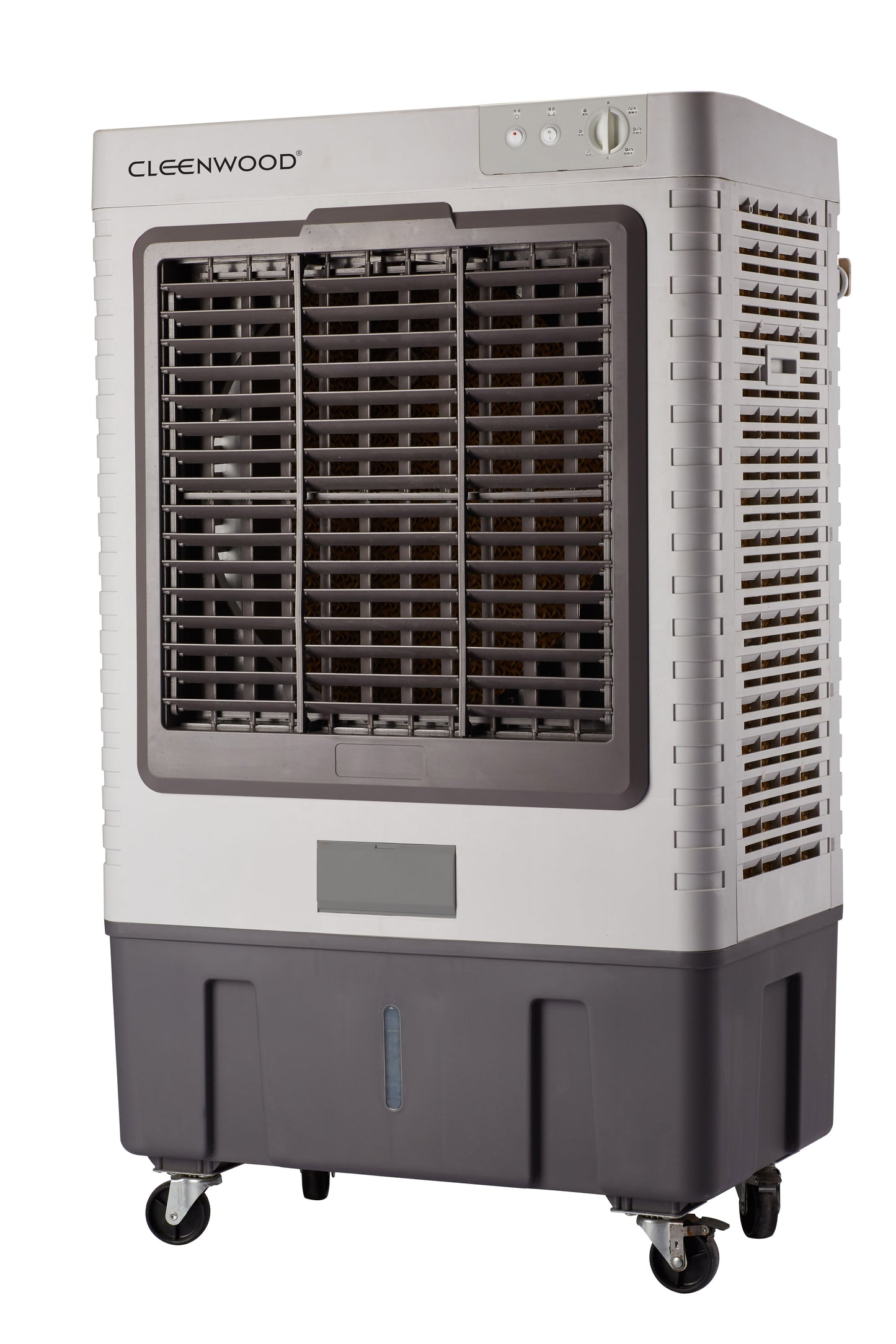 CLEENWOOD CW-405 80 Litre Desert Air Cooler, large gray/white unit, showing the large water tank and castor wheels