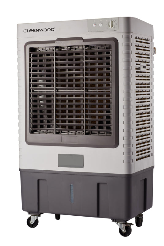 CLEENWOOD CW-405 80 Litre Desert Air Cooler, large gray/white unit, showing the large water tank and castor wheels