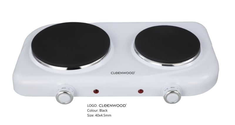 CLEENWOOD CW-412 Double Hotplate, compact black design, showing the two heating plates and two independent control knobs on the front panel