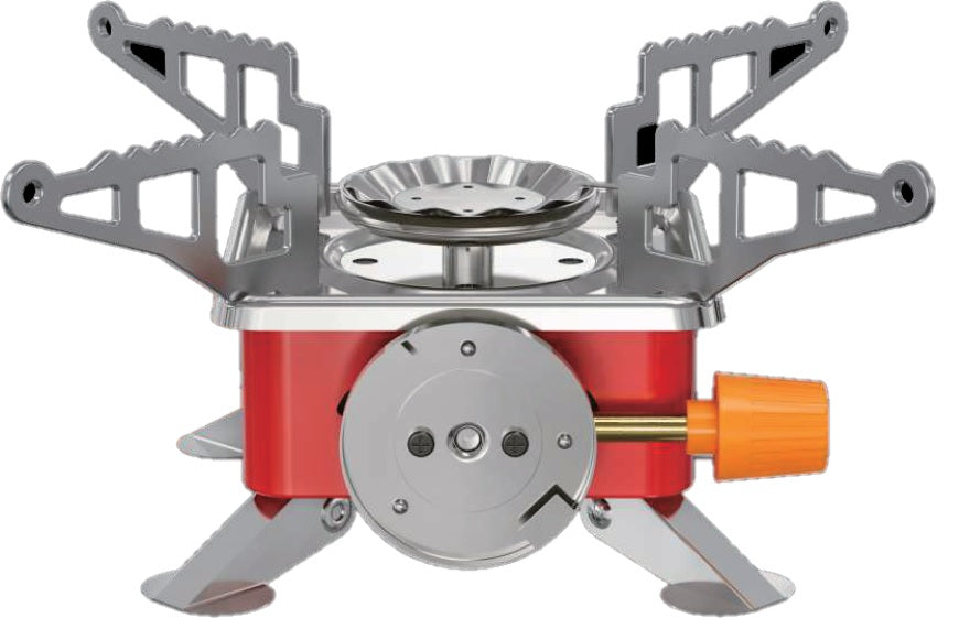 CLEENWOOD CW-414 Portable Gas Stove in a black carrying case, and another image showing the single burner, chrome grate, and red butane canister lever.