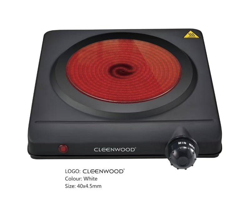 CLEENWOOD CW-415 Infrared Single Hot Plate with black ceramic glass top and adjustable control knob, highlighting its sleek, portable design.