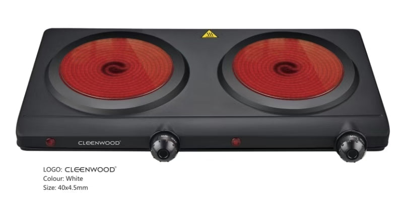 CLEENWOOD CW-416 Infrared Double Hot Plate with black ceramic glass top, showing the two heating zones and two independent control knobs on the front panel.