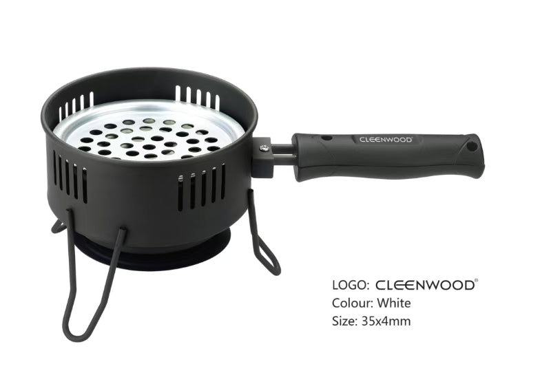 CLEENWOOD CW-417 Electric Charcoal Burner, small black unit with exposed heating coil, showing a few charcoal cubes being ignited on the metal grate.
