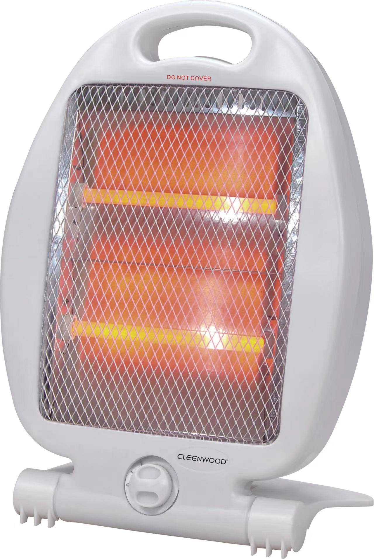 CLEENWOOD CW-440 800W Quartz Room Heater, compact black/white design, showing the protective metal grille over the two visible quartz heating elements.