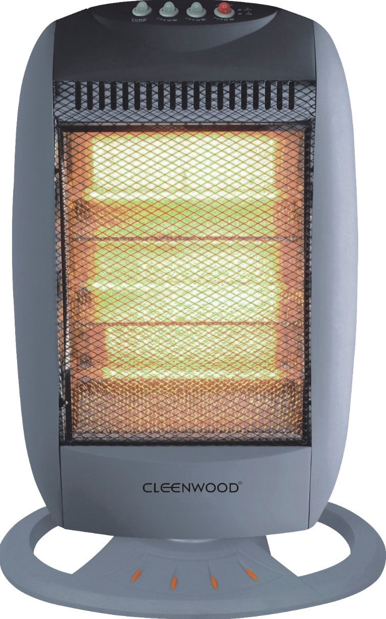 CLEENWOOD CW-442 1200W Halogen Room Heater, showing the compact unit with three heating rods and the front protective grille, emphasizing tip-over safety.