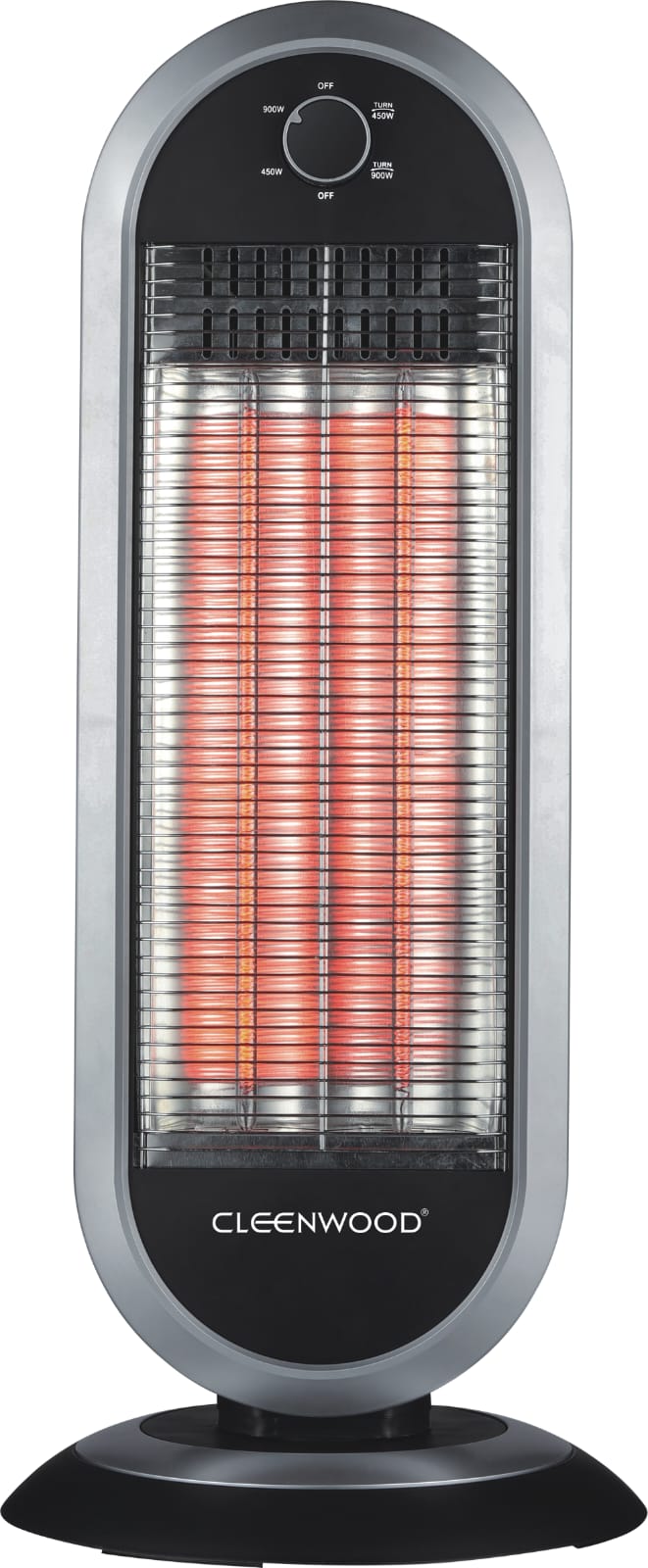 CLEENWOOD CW-444 Electric Fan Room Heater, compact white box design, showing the front grille, temperature dial, and control switches for heat and fan settings.