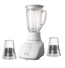 CLEENWOOD CW-562C 3 In 1 Blender, showing the main 1.5-litre jar attached to the base, with the two separate mill attachments positioned next to the unit.