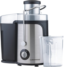 CLEENWOOD CW-575 Centrifugal Juice Extractor, silver and black unit, showing the wide 65mm feeding tube, the clear juicer jug, and the 2-speed control dial.