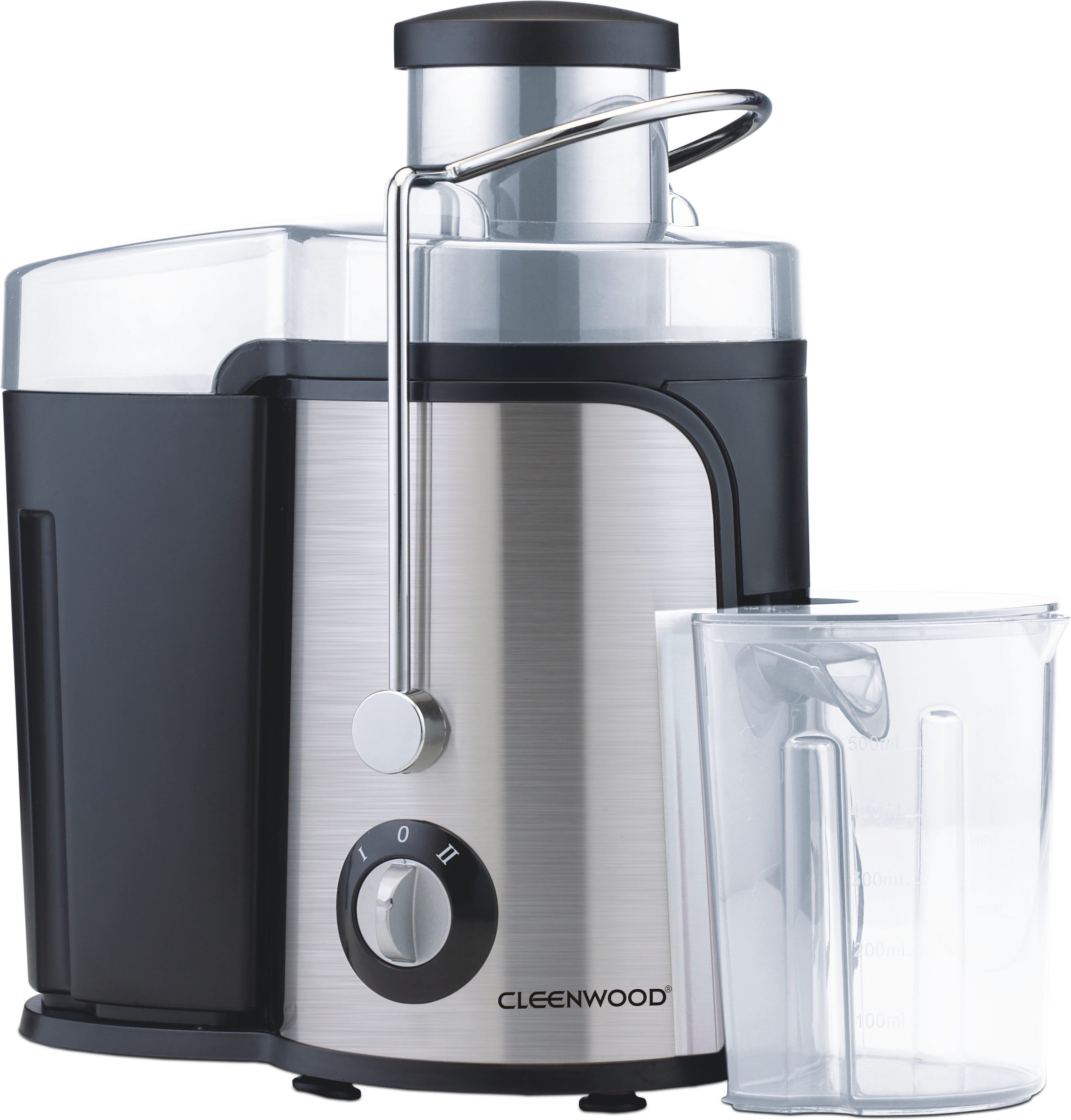 CLEENWOOD CW-575 Centrifugal Juice Extractor, silver and black unit, showing the wide 65mm feeding tube, the clear juicer jug, and the 2-speed control dial.
