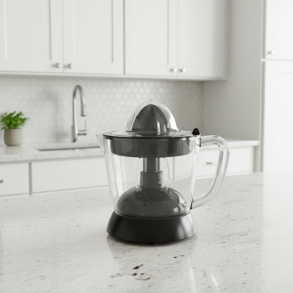 CLEENWOOD CW-577 Electric Citrus Juicer, clear 1-litre capacity jar, showing the rotating reamer cone and the plastic dust cover.