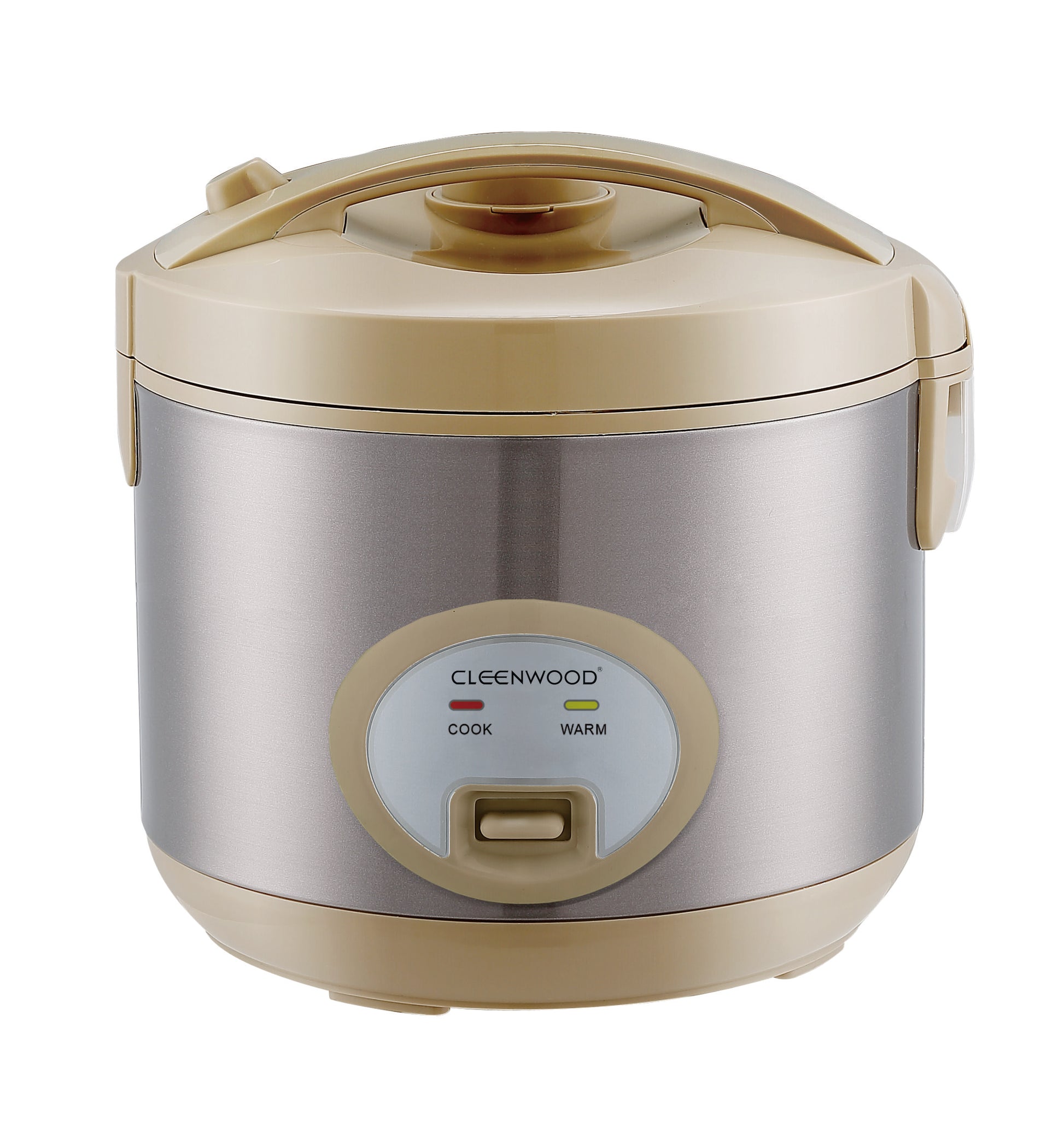 CLEENWOOD CW-604 Drum Type Rice Cooker, 1.8L capacity, showing the cylindrical white/silver body, the indicator lights, and the steam vent on the lid