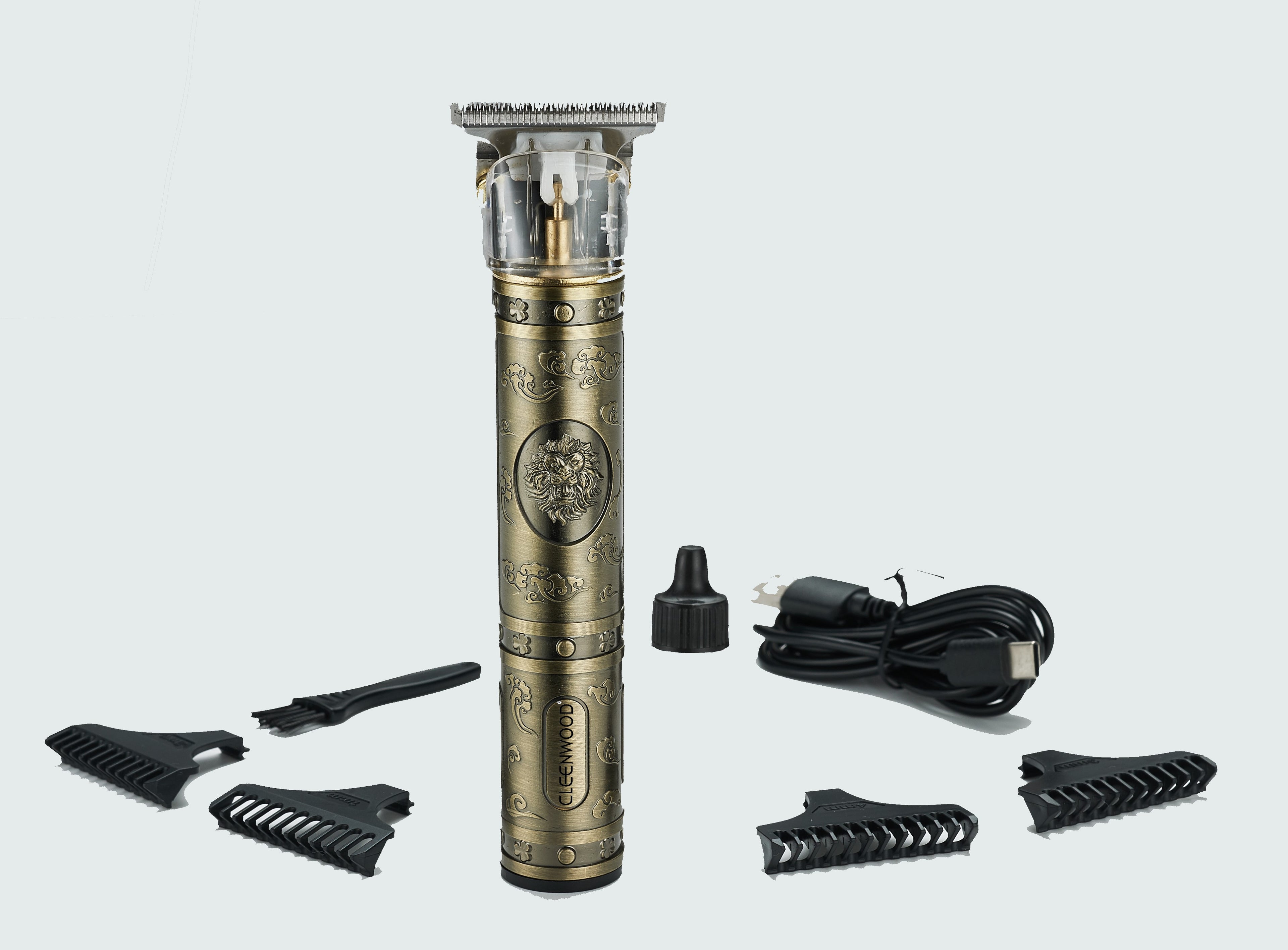 CLEENWOOD CW-714 Rechargeable T-Blade Hair Trimmer, compact gold-colored body, showing the precision stainless steel T-blade used for close hair cutting and detailing.
