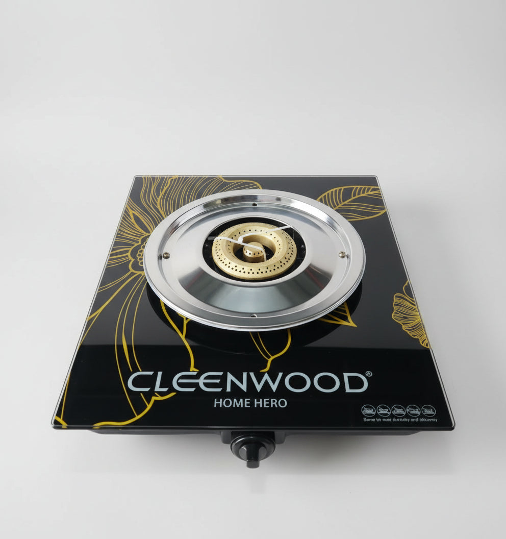 CLEENWOOD CW-722 Single Burner Gas Stove with a black tempered glass top, showing the single brass burner and the manual control knob on the front panel.