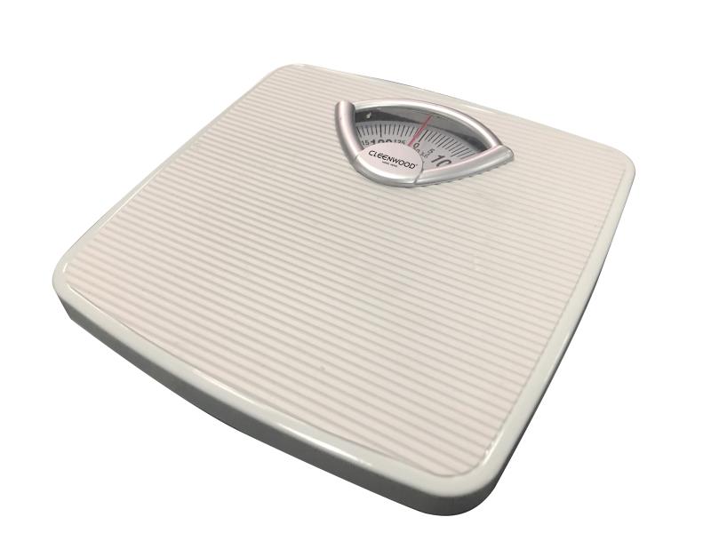 CLEENWOOD CW-753 Mechanical Personal Scale, showing the large circular analogue dial with a 130 KG capacity and the durable, wide, anti-slip standing platform.