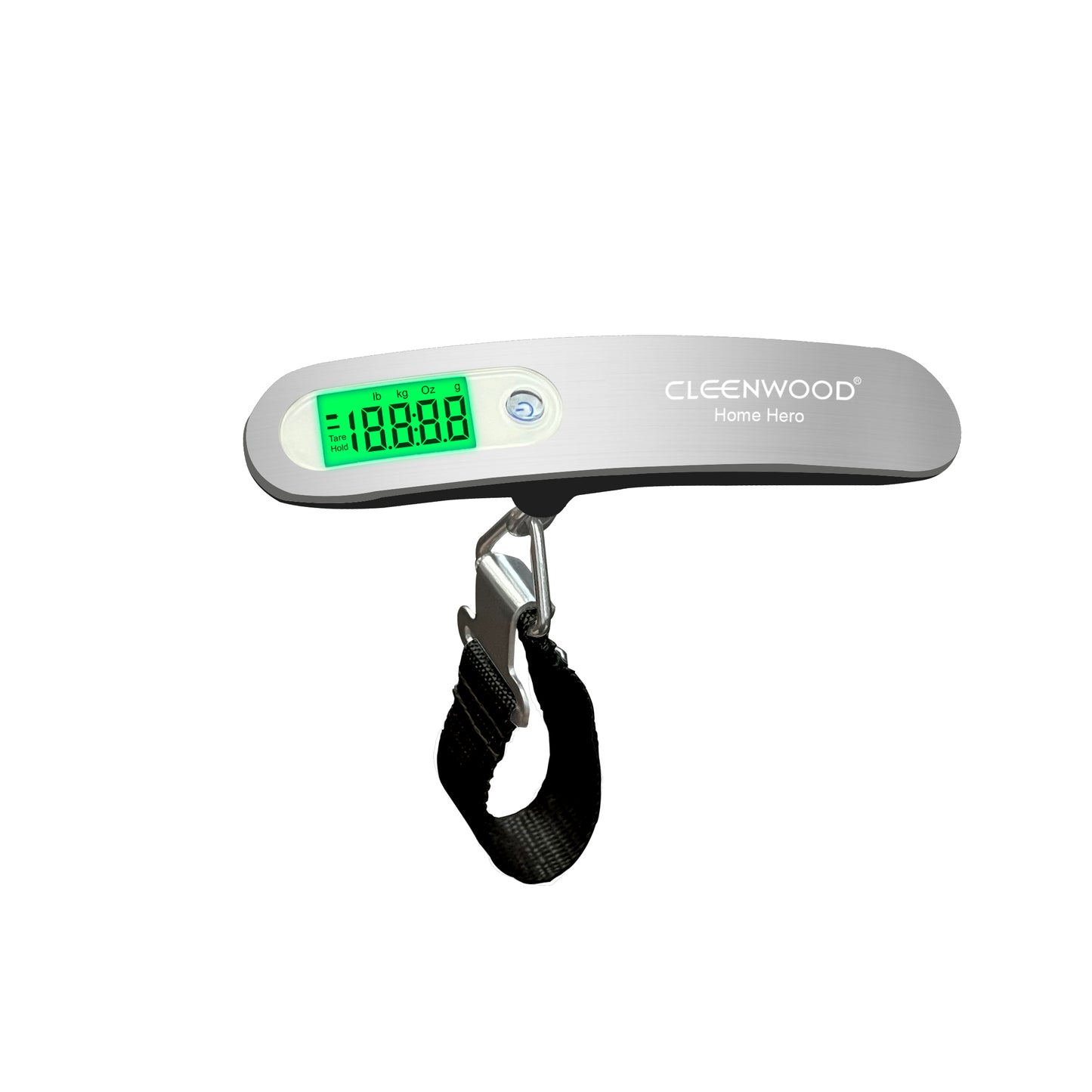 CLEENWOOD CW-755 Digital Luggage Scale, compact black electronic unit, showing the LCD screen and the durable strap/hook used for lifting and weighing travel bags.