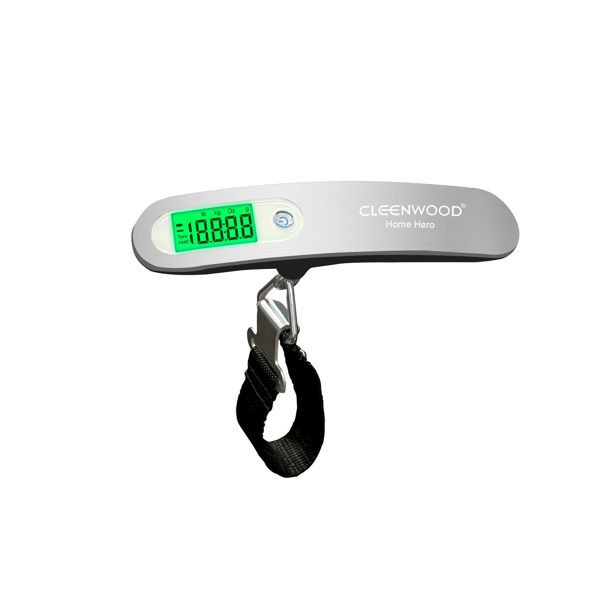 CLEENWOOD CW-755 Digital Luggage Scale, compact black electronic unit, showing the LCD screen and the durable strap/hook used for lifting and weighing travel bags.