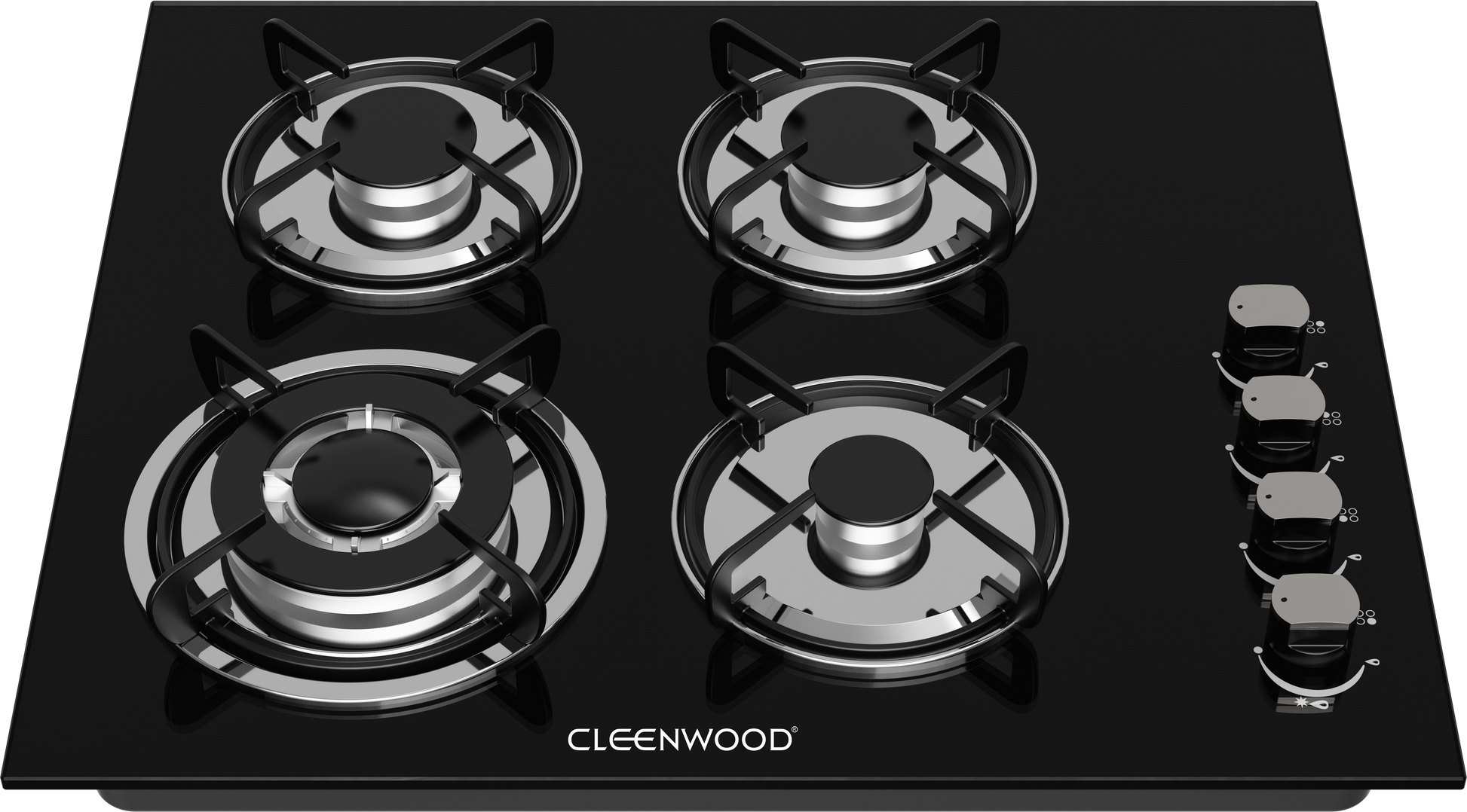 LEENWOOD CW-820 4 Burner Glass Gas Hob in Black with metal knobs and cast iron stands