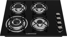 LEENWOOD CW-820 4 Burner Glass Gas Hob in Black with metal knobs and cast iron stands