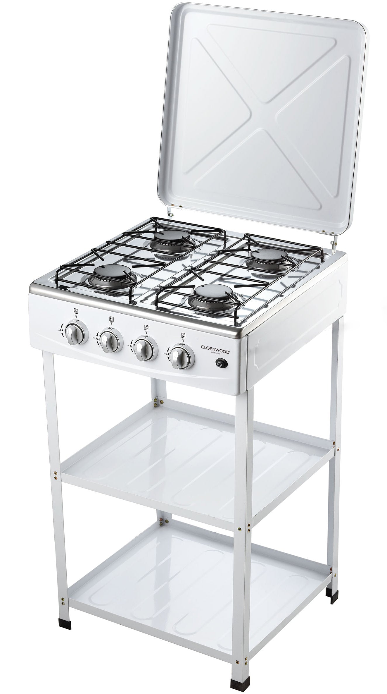 CLEENWOOD CW-821 Table Top Gas Stove, showing the elevated design with stand feet, the white coated body, stainless steel panel, and the pulse firing control knobs.