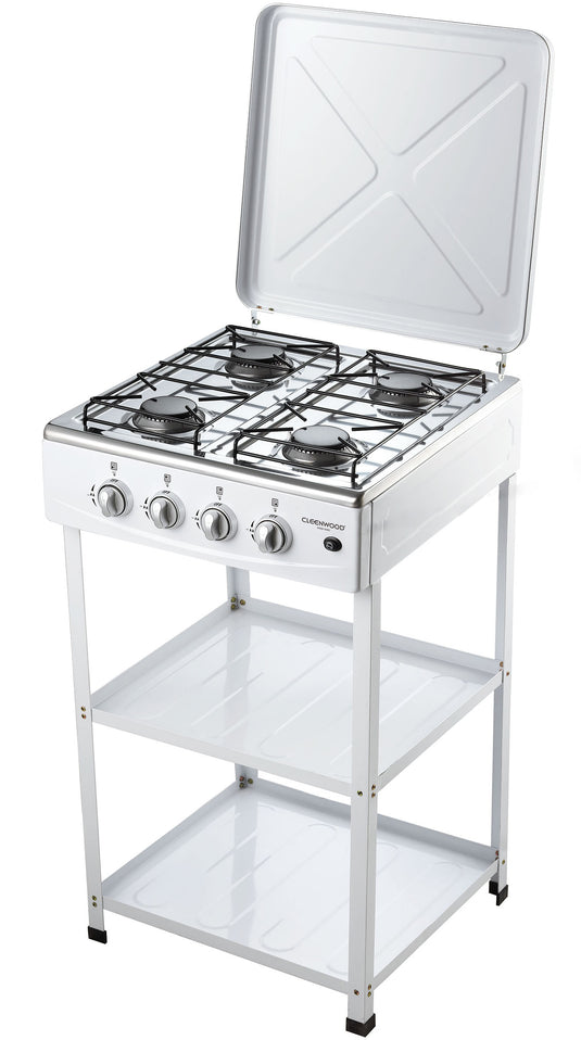 CLEENWOOD CW-821 Table Top Gas Stove, showing the elevated design with stand feet, the white coated body, stainless steel panel, and the pulse firing control knobs.