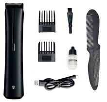 CLEENWOOD CW-871 Professional Hair Trimmer, black ergonomic design, showing the stainless steel cutting blade head, designed for cordless use in beard and hair grooming.