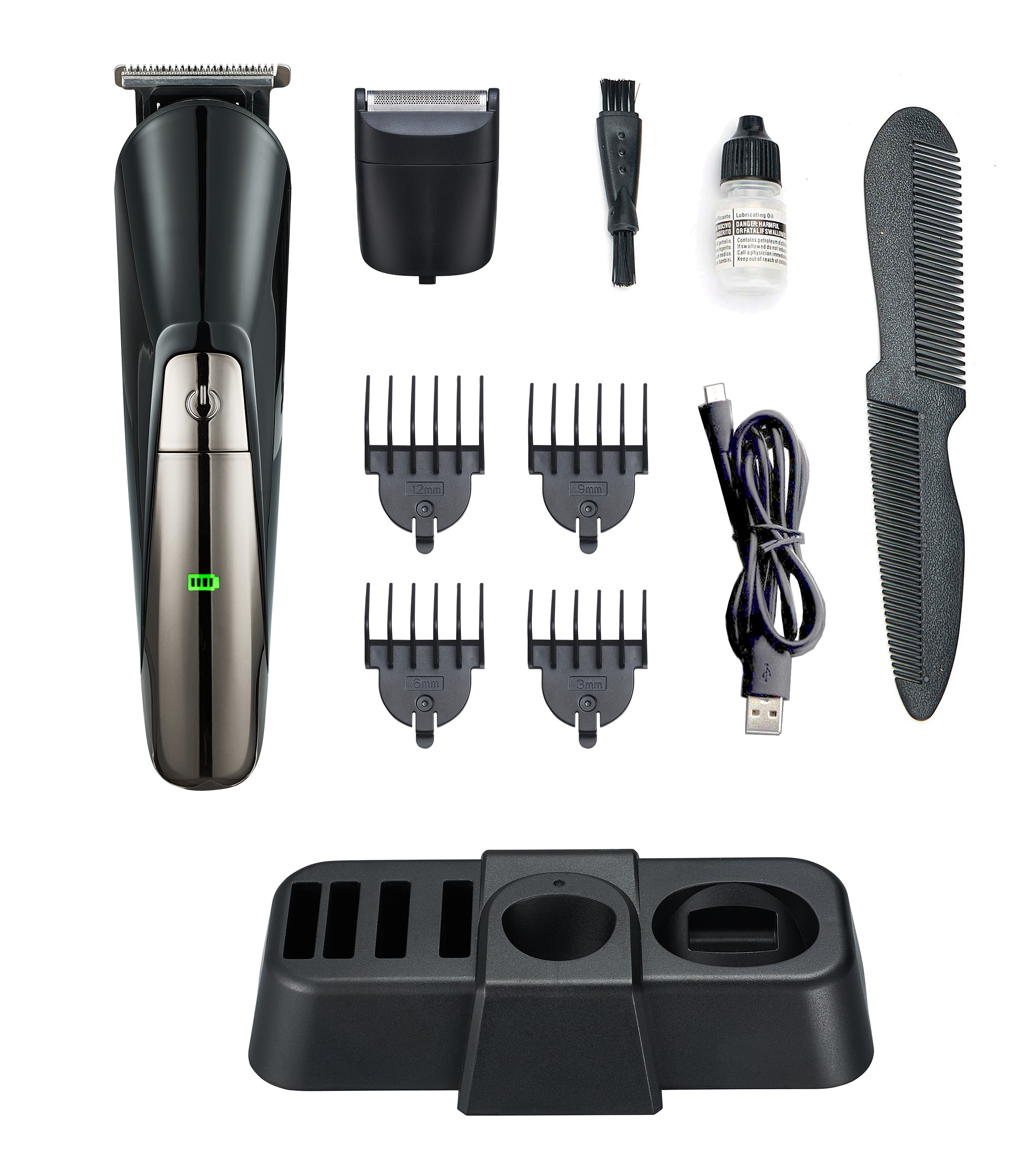CLEENWOOD CW-872 Professional 6 In 1 Grooming Kit, showing the main handle and all six interchangeable heads, including the foil shaver, nose trimmer, and adjustable combs