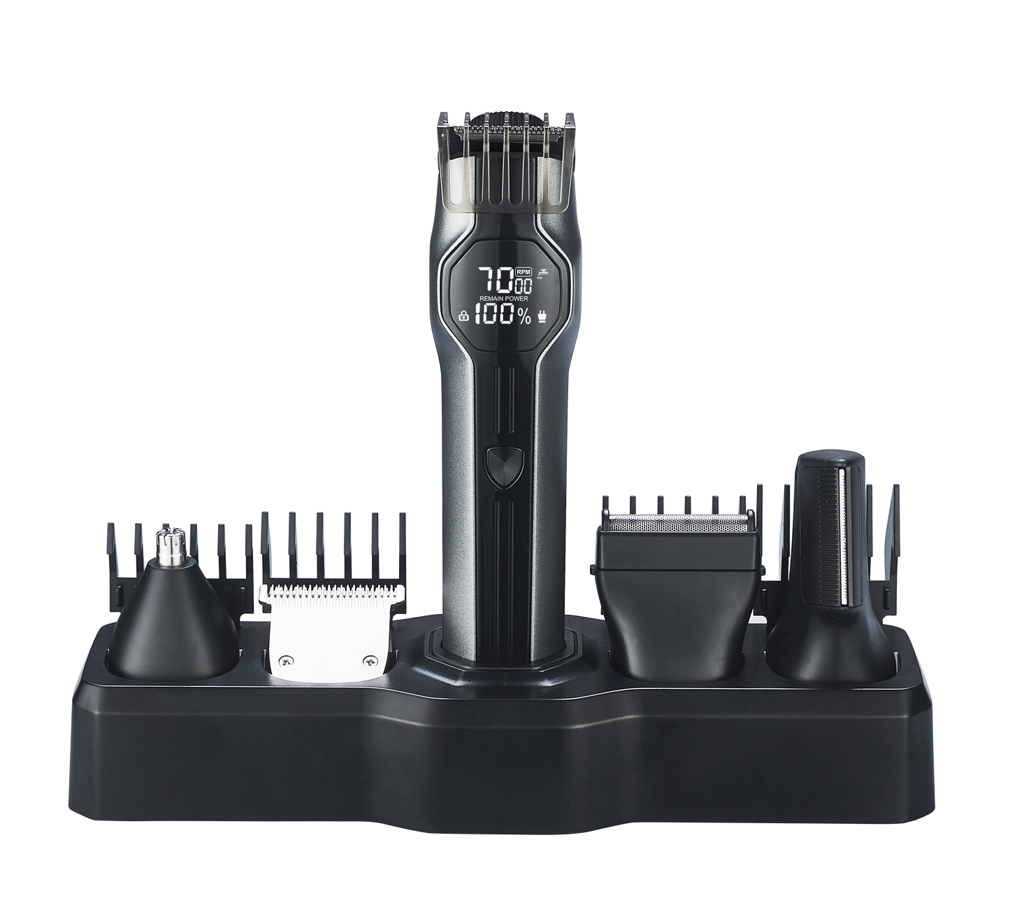 CLEENWOOD CW-874 Super Grooming Kit 14 In 1, showing the main cordless trimmer unit and the full set of fourteen attachments, including the body trimmer, precision trimmer, nose trimmer, and multiple guide combs.
