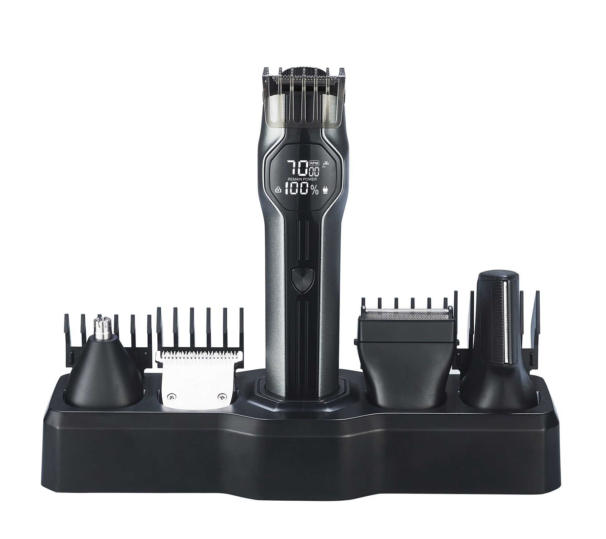 CLEENWOOD CW-874 Super Grooming Kit 14 In 1, showing the main cordless trimmer unit and the full set of fourteen attachments, including the body trimmer, precision trimmer, nose trimmer, and multiple guide combs.