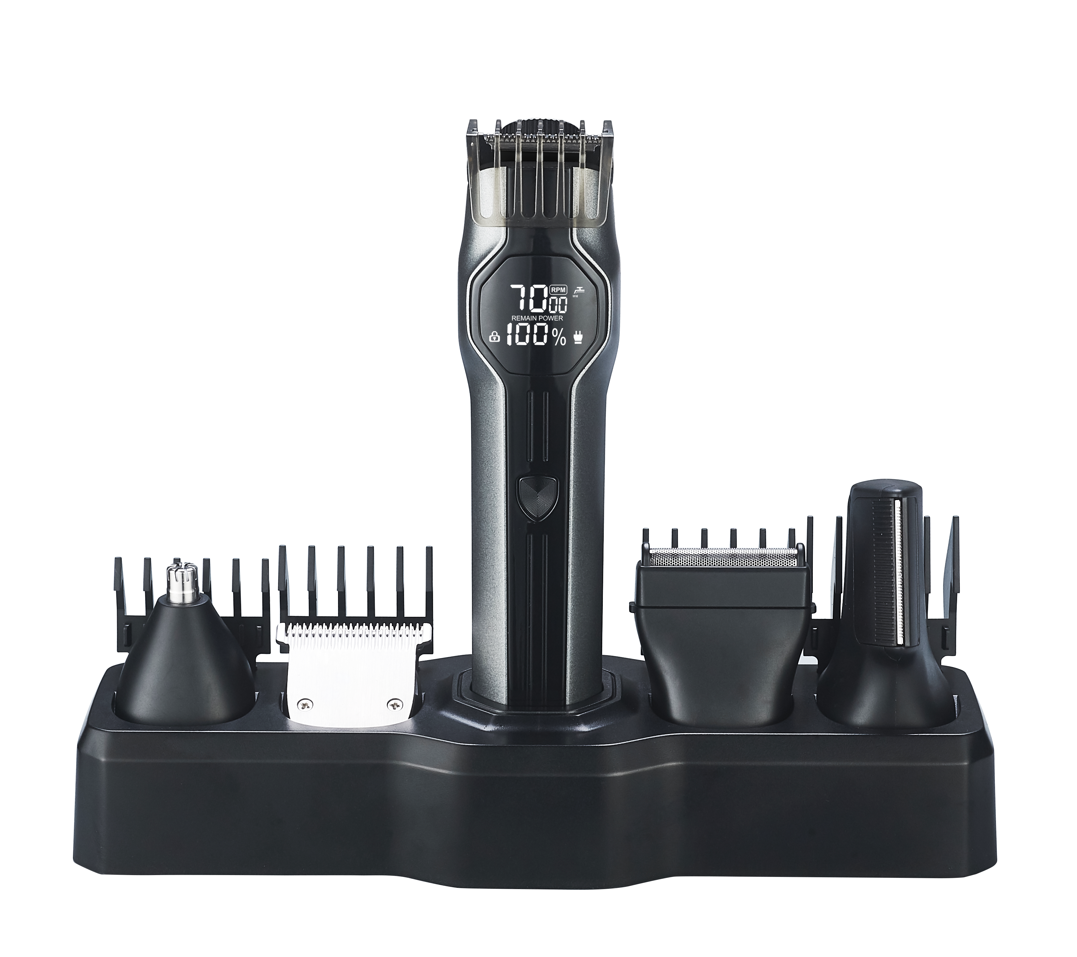 CLEENWOOD CW-874 Super Grooming Kit 14 In 1, showing the main cordless trimmer unit and the full set of fourteen attachments, including the body trimmer, precision trimmer, nose trimmer, and multiple guide combs.