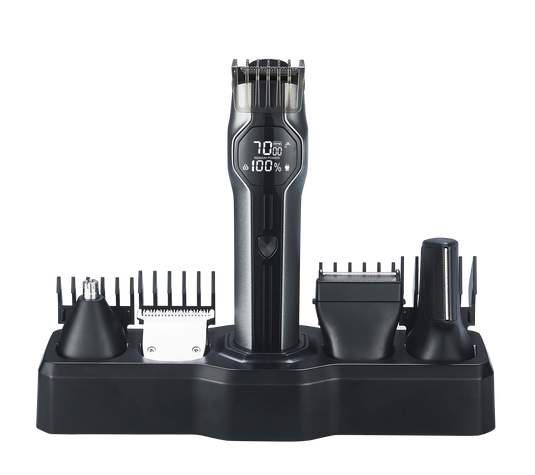 CLEENWOOD CW-874 Super Grooming Kit 14 In 1, showing the main cordless trimmer unit and the full set of fourteen attachments, including the body trimmer, precision trimmer, nose trimmer, and multiple guide combs.