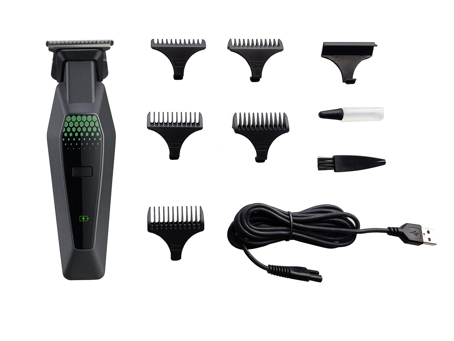 CLEENWOOD CW-875 Professional Hair Trimmer, black cordless design, showing the stainless steel cutting blade and the body, with the included comb attachments.